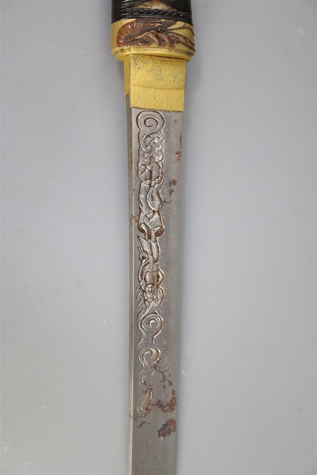 A fine Japanese sea creatures tanto, Meiji period, total length 45.5cm